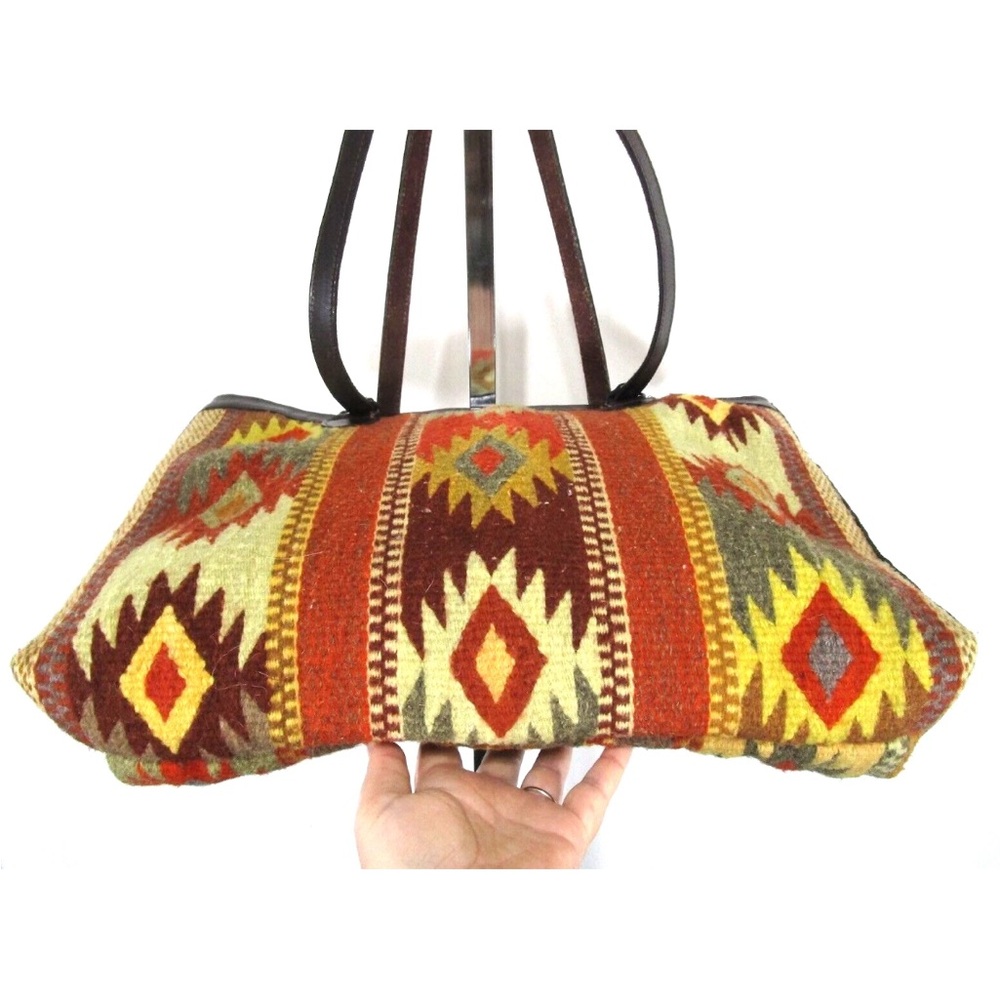 Large Southwestern Aztec Wool & Leather Shoulder Tote Handbag - Picture 7 of 11
